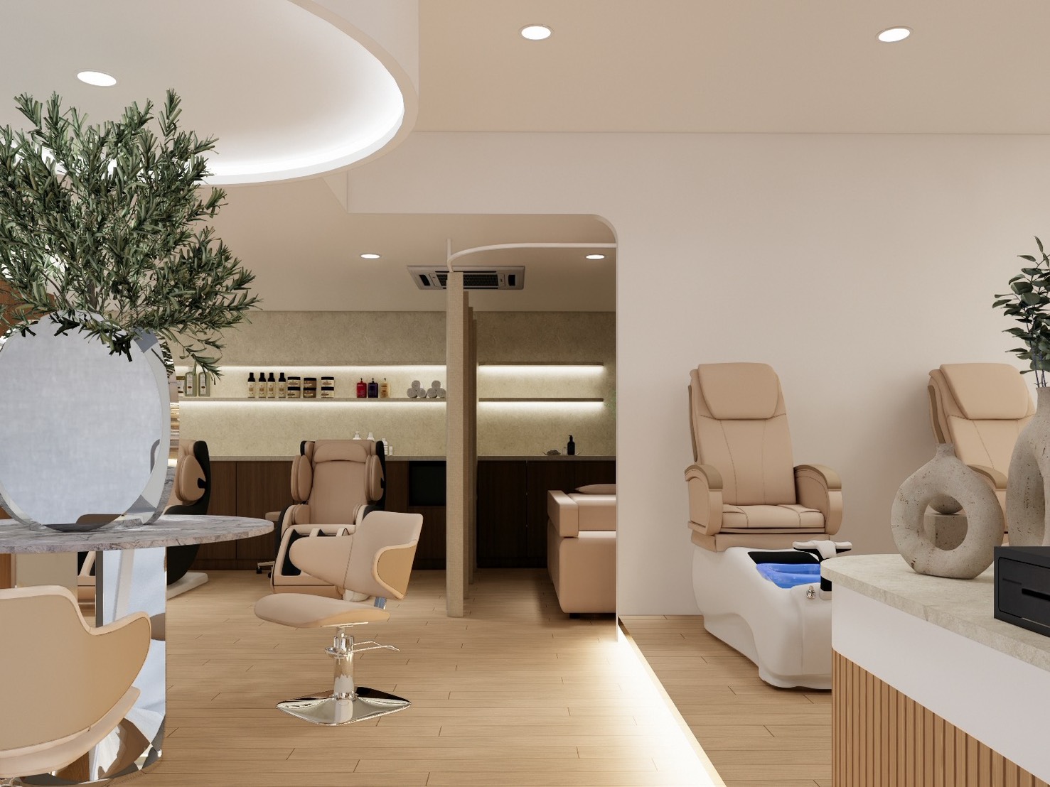 มุมภายใน MARIM Beauty Studio พร้อมพื้นที่ทำผมและสปามือเท้า