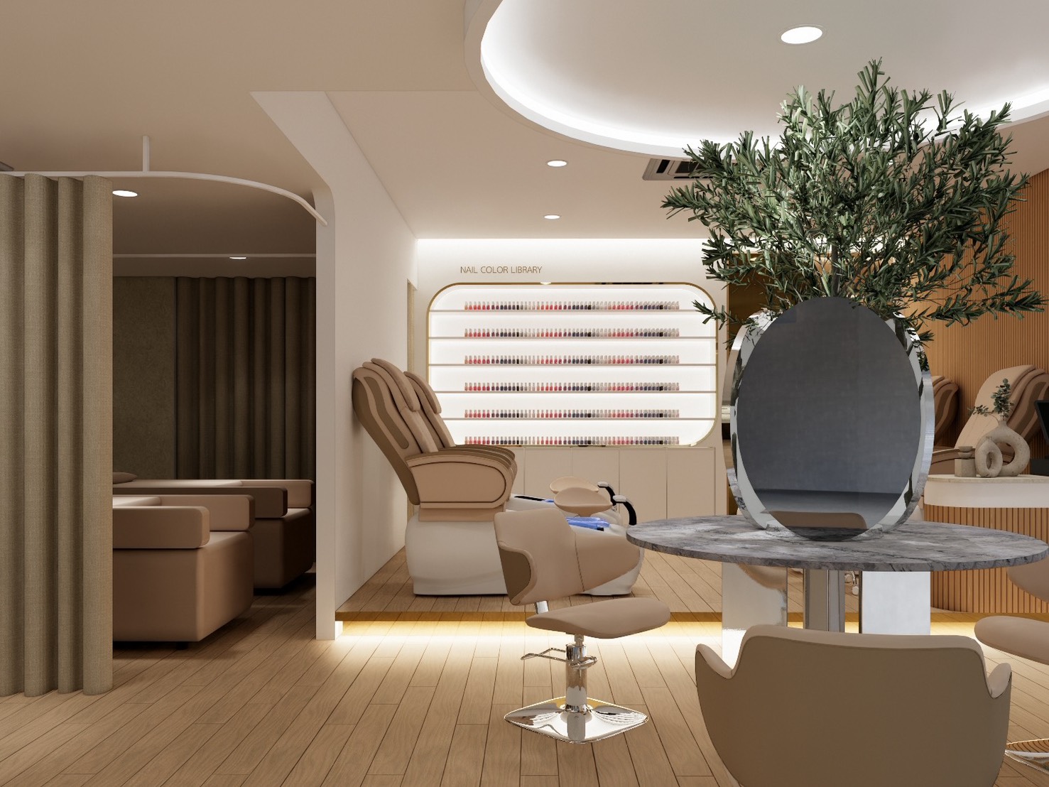 มุมภายใน MARIM Beauty Studio พร้อมชั้นแสดงสีเล็บ